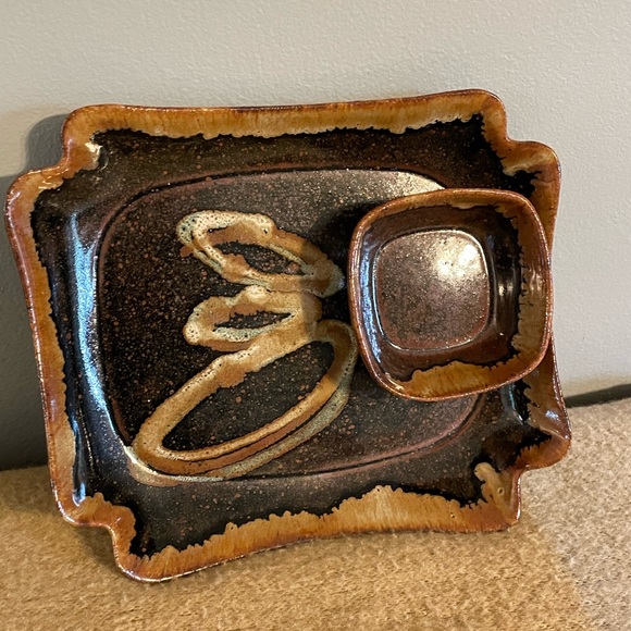 Signed Pottery Tray with Dip Bowl attached - Picture 2 of 5